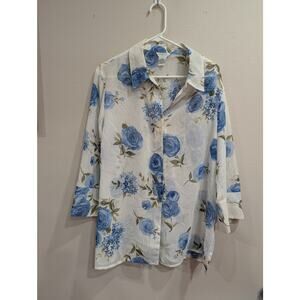 Gauzy PLUS semi sheer long sleeve button down collared white blouse w/blue roses